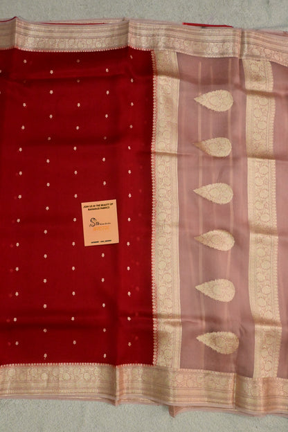 Pure Kora Silk Saree in Crimson Red with Gold Zari Work