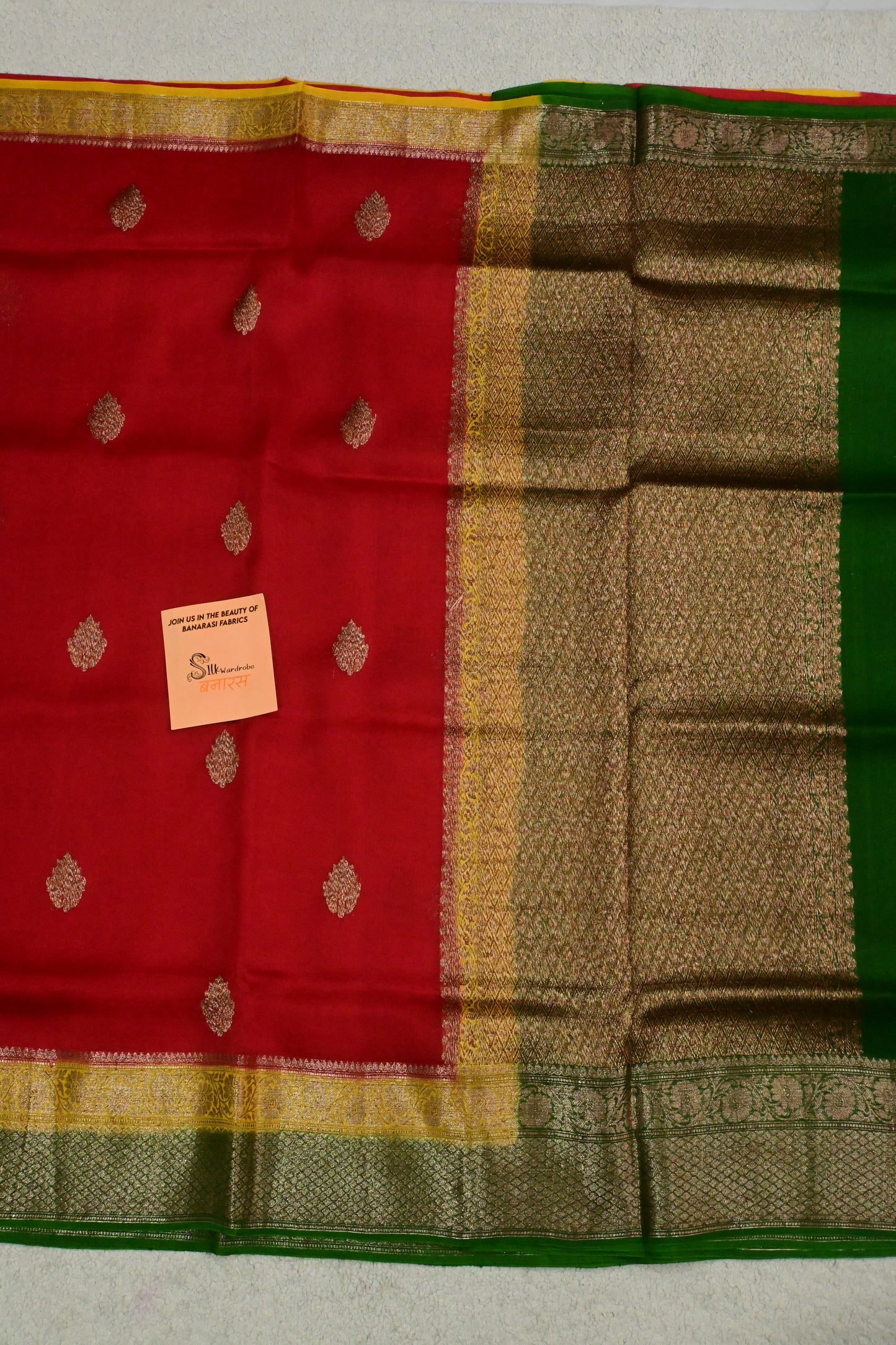 Handwoven Crimson Red Pure Kora Silk Banarasi Saree with Contrasting yellow and Green Border