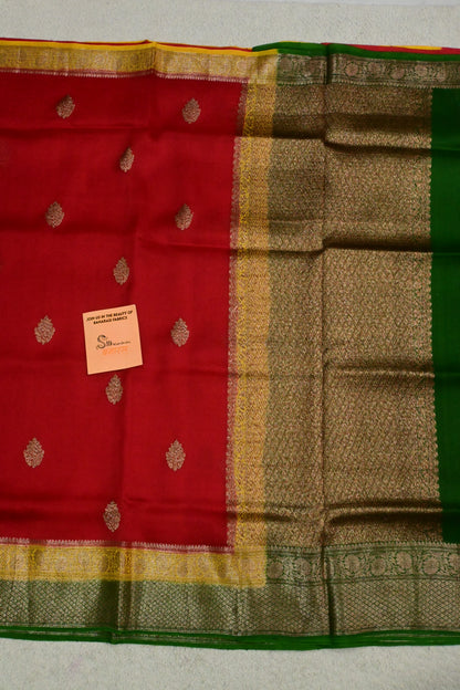 Handwoven Crimson Red Pure Kora Silk Banarasi Saree with Contrasting yellow and Green Border