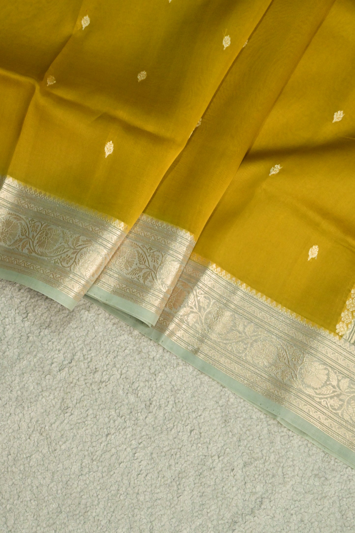 Pure Kora Organza Handloom Saree in Warm Mustard and Mint Green Border