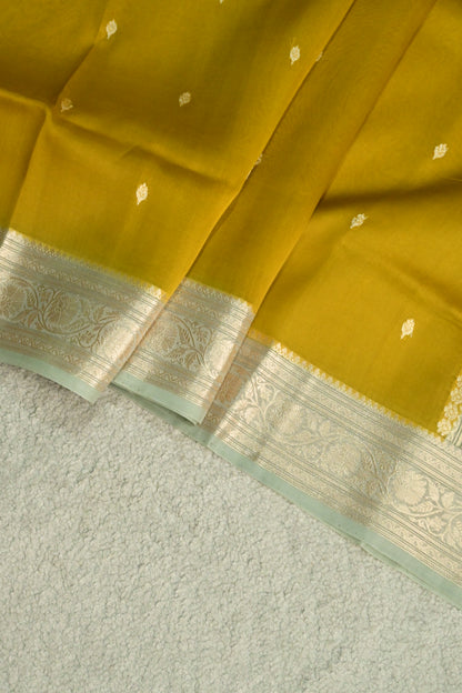 Pure Kora Organza Handloom Saree in Warm Mustard and Mint Green Border