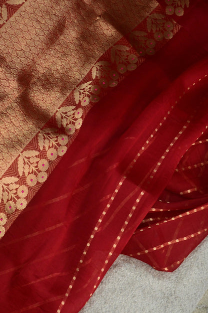 Handloom Red Pure Kora Silk Saree with Gold Zari Weave