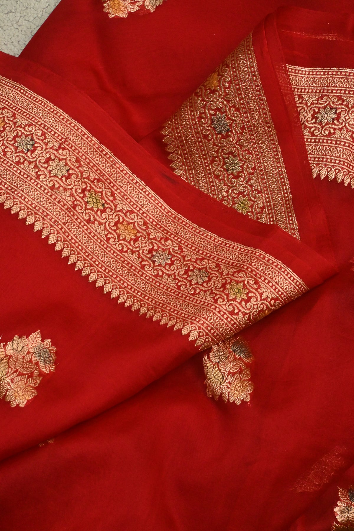 Handwoven Crimson Red Pure Kora Silk Saree with Gold Zari Weaving & Handbrush Work