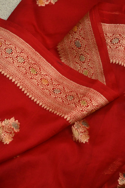 Handwoven Crimson Red Pure Kora Silk Saree with Gold Zari Weaving & Handbrush Work