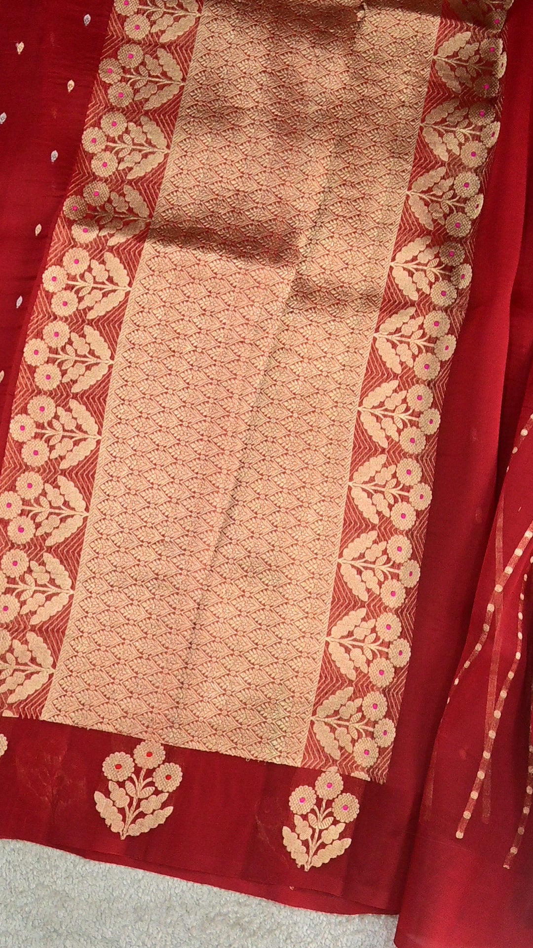 Handloom Red Pure Kora Silk Saree with Gold Zari Weave