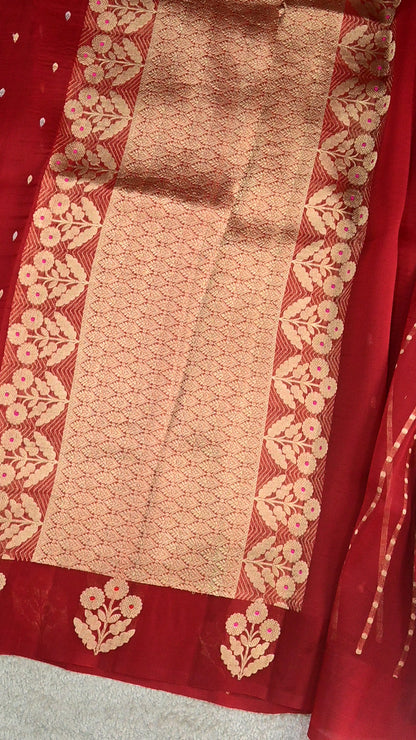 Handloom Red Pure Kora Silk Saree with Gold Zari Weave