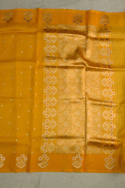 The yellow Mustard Guldasta Kora Organza Silk Saree