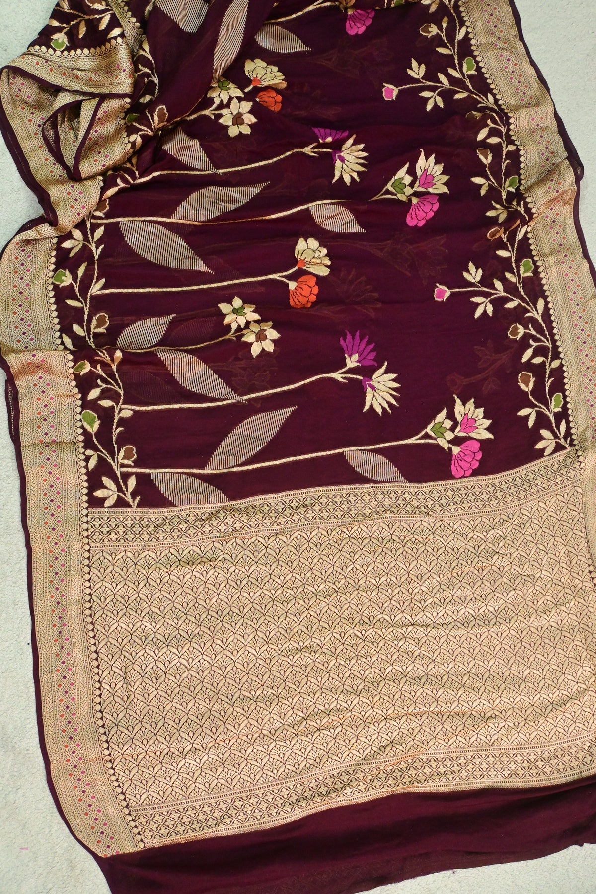 Deep Wine Pure Georgette Banarasi Saree with Floral Jaal & Zari Pallu