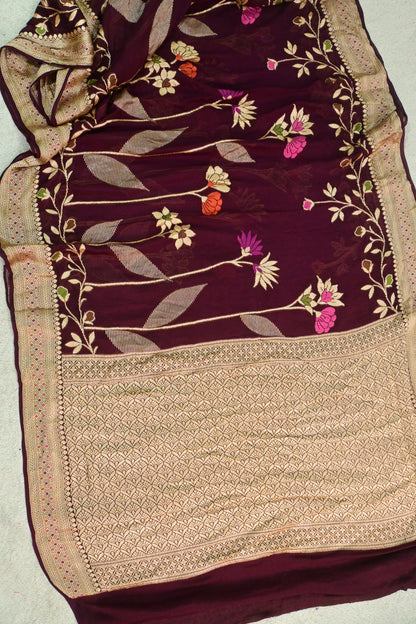 Deep Wine Pure Georgette Banarasi Saree with Floral Jaal & Zari Pallu