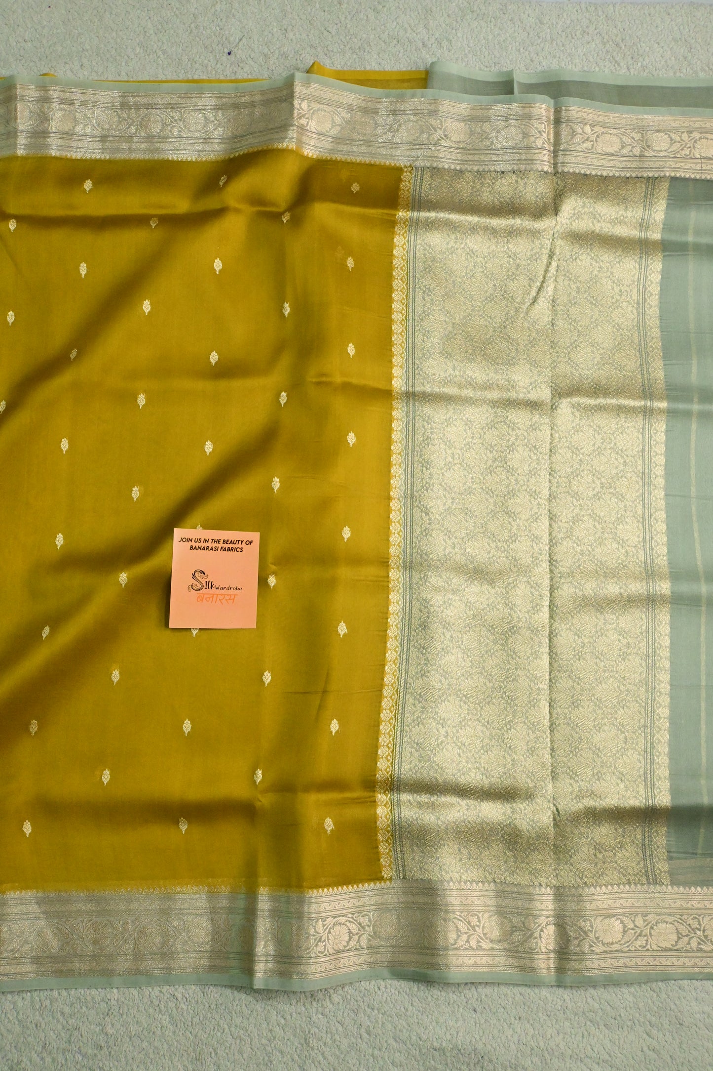 Pure Kora Organza Handloom Saree in Warm Mustard and Mint Green Border
