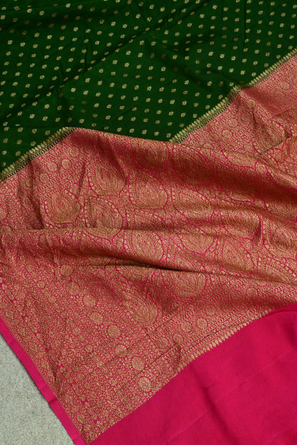 Handwoven Emerald Green & Rani Pink Pure Crepe Georgette Banarasi Saree with Antique Zari