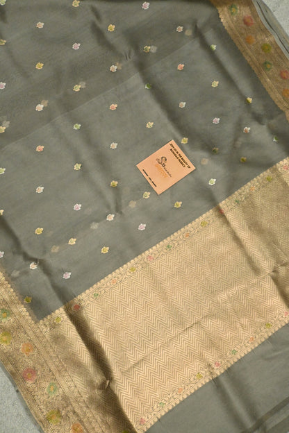 Handwoven Pure Kora Silk Saree with Gold Zari Weaving & Meenakari Brush Work – Slate Grey