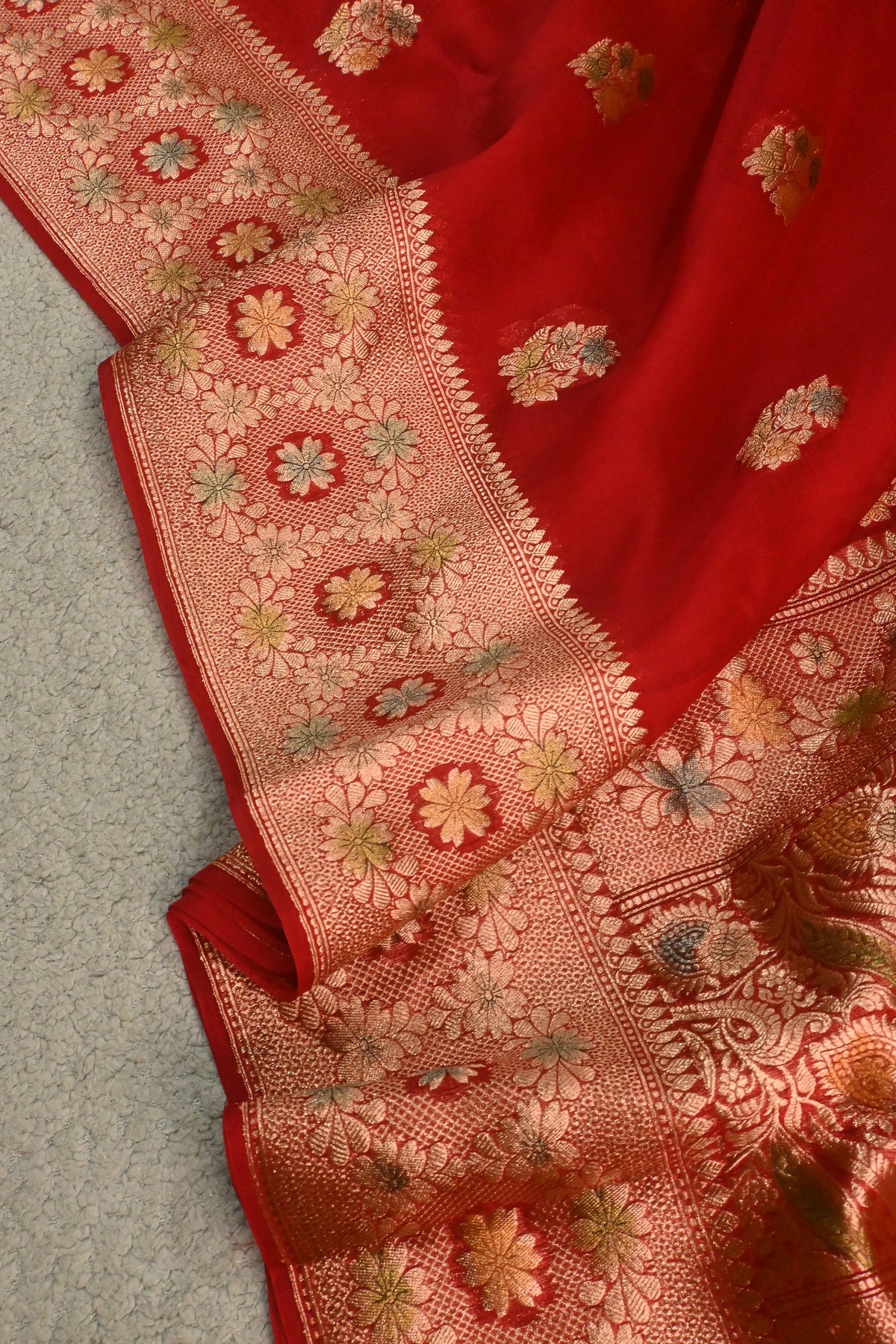 Handwoven Crimson Red Pure Kora Silk Saree with Gold Zari Weaving & Handbrush Work