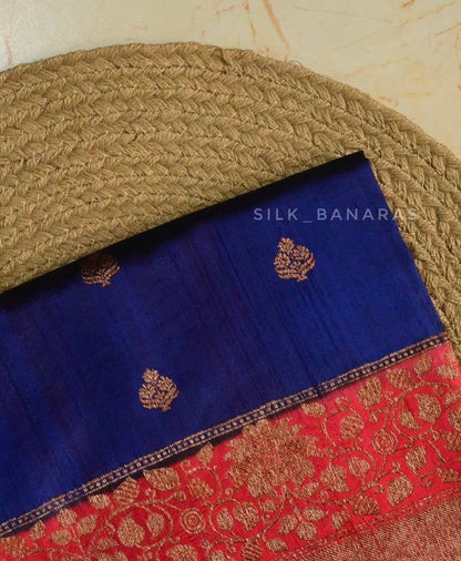 Royal Blue & Crimson Red Handloom Pure Raw Silk Banarasi Saree with Antique Zari