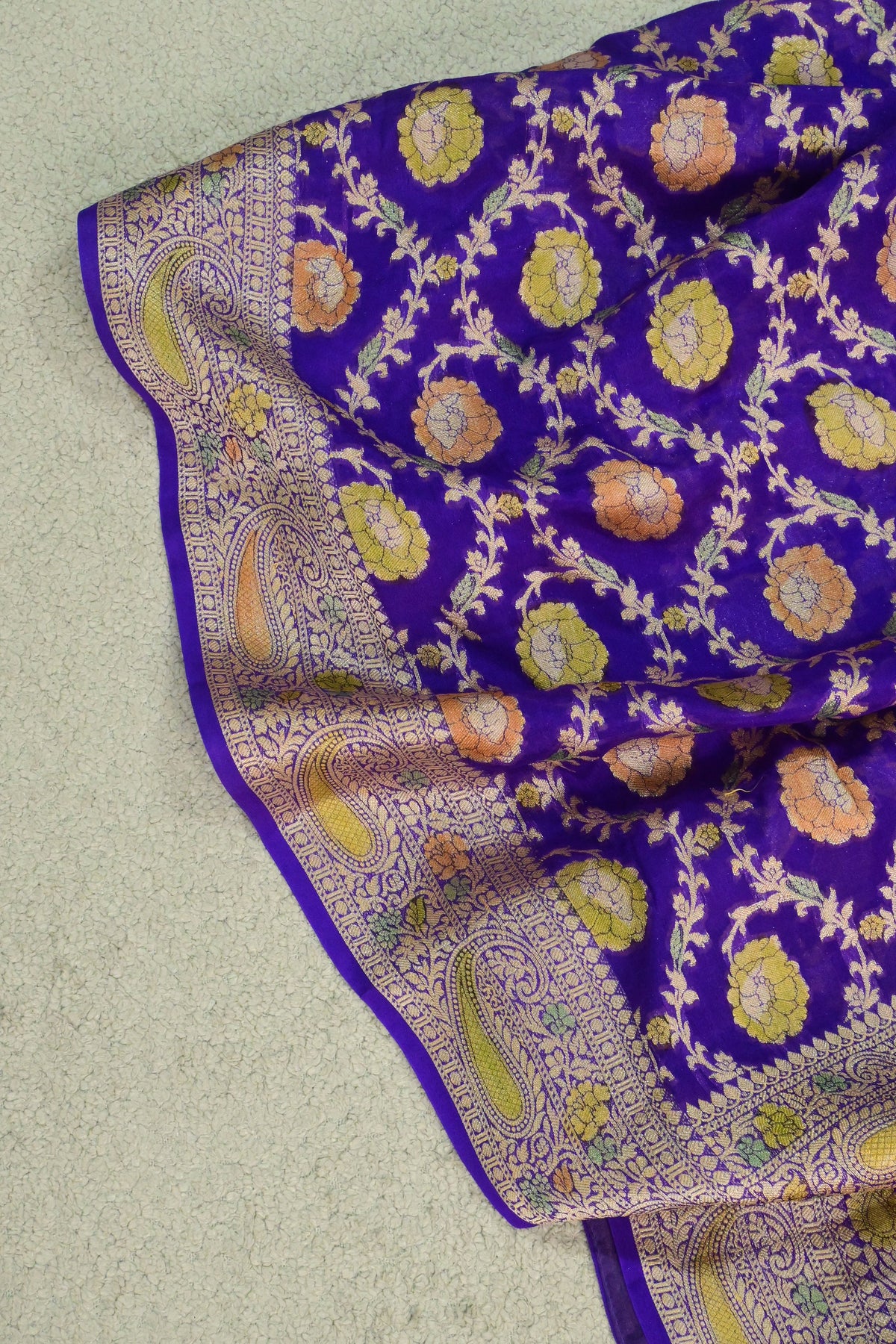 Purple Chiffon Banarasi Saree with Intricate Zari Jaal & Floral Motifs