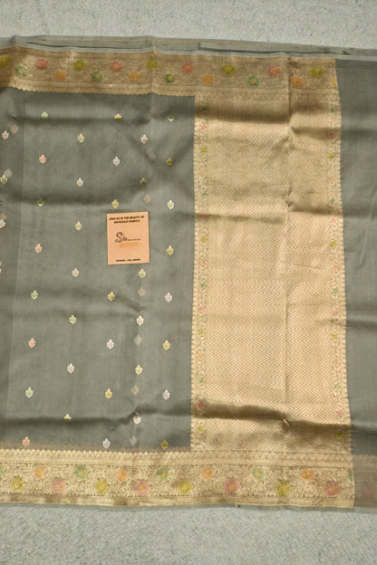Handwoven Pure Kora Silk Saree with Gold Zari Weaving & Meenakari Brush Work – Slate Grey
