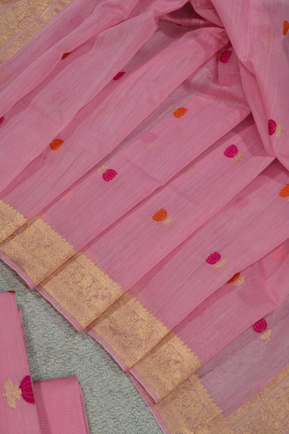 Baby Pink Chanderi Mul Unstitched Suit Set with Minakari Booti & Gold Zari Border