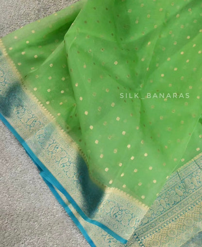 Pure Kora Organza Silk Saree – Bright Green & Aqua Blue