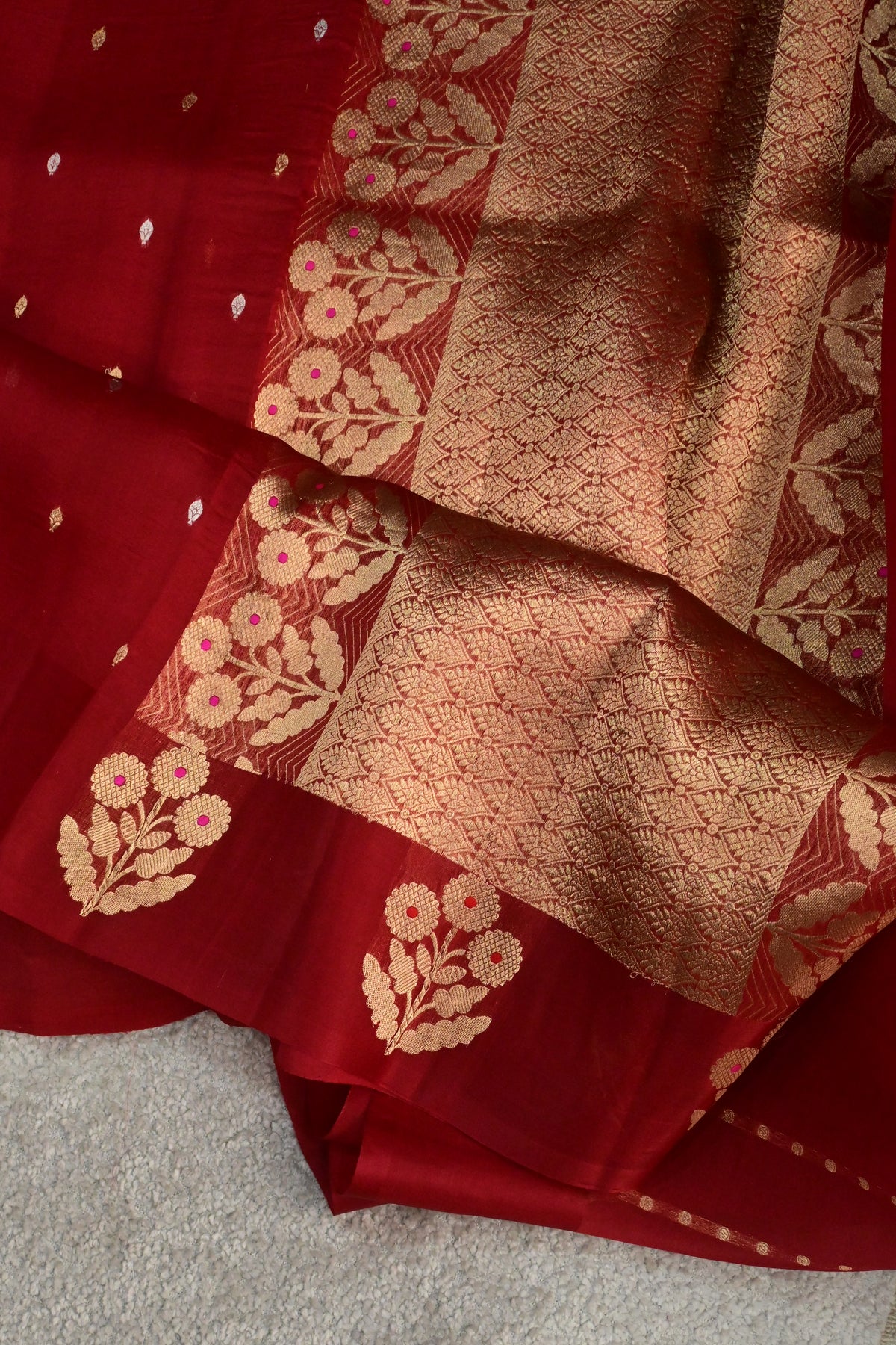 Handloom Red Pure Kora Silk Saree with Gold Zari Weave