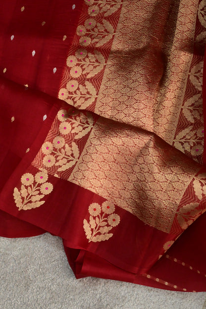 Handloom Red Pure Kora Silk Saree with Gold Zari Weave