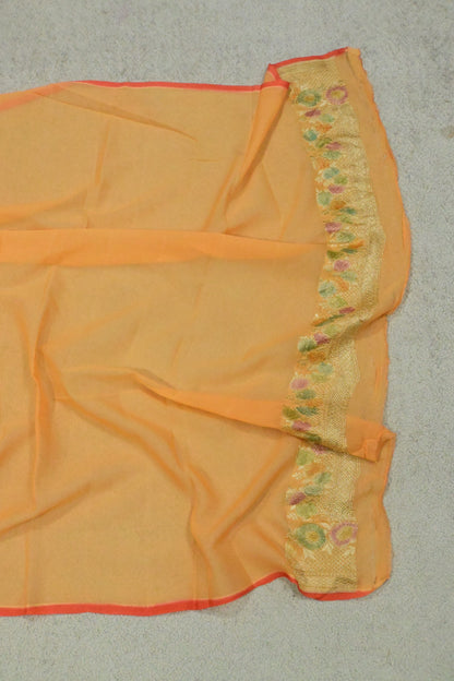 Handloom Pure Khaddi Georgette Saree in Platinum Zari & Hand-Brushed Meenakari Border