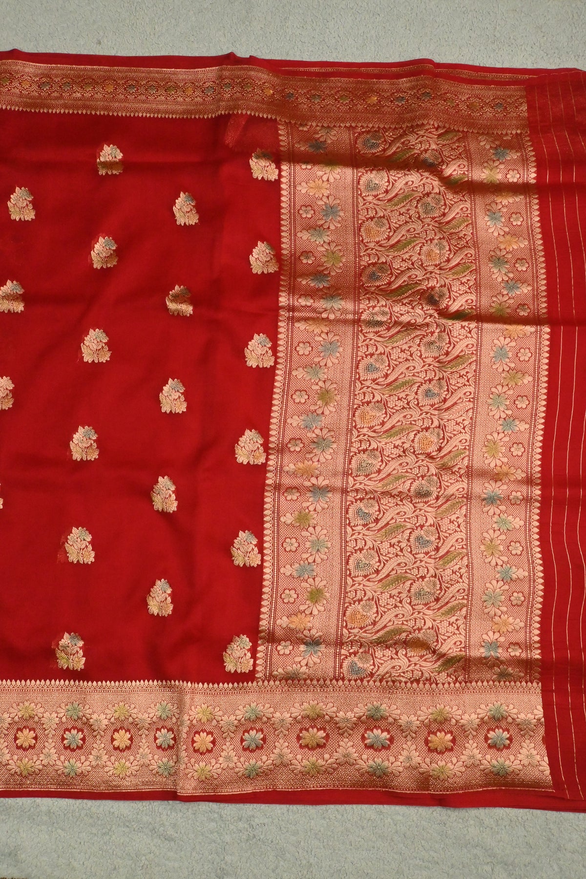 Handwoven Crimson Red Pure Kora Silk Saree with Gold Zari Weaving & Handbrush Work