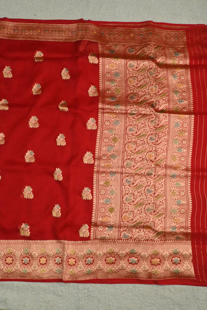 Handwoven Crimson Red Pure Kora Silk Saree with Gold Zari Weaving & Handbrush Work