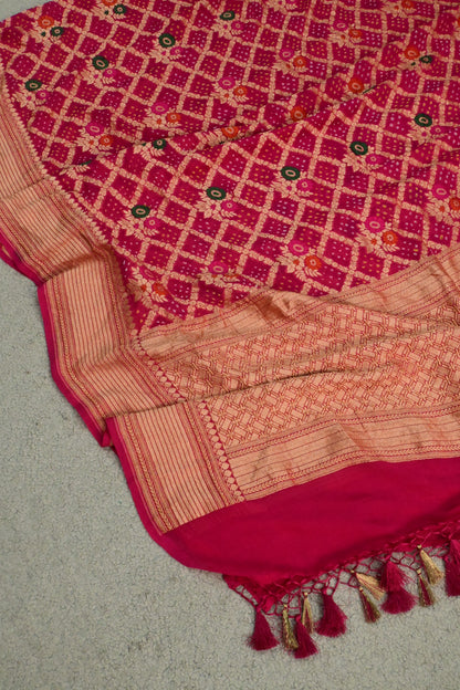 Handwoven Pure Khaddi Georgette Suit Set with Bandhani & Banarasi Minakari Dupatta
