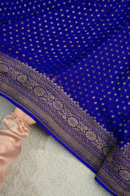 Handwoven pure deep royal blue Khaddi Georgette saree