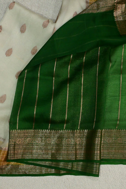 Classic Off-White Pure Organza Silk Saree with Golden-Green Antique Zari Borders