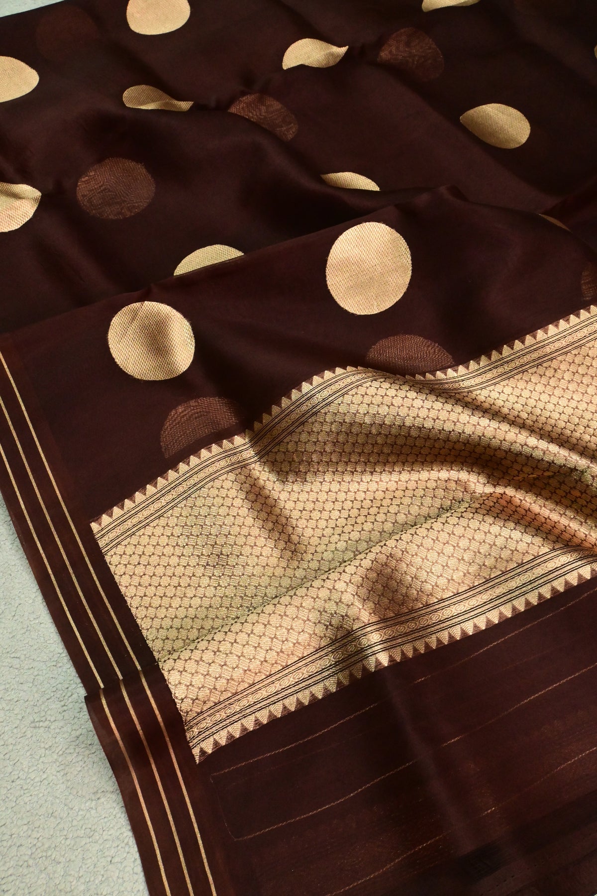 Deep Chocolate Brown Pure Kora Silk Saree with Golden Zari Polka Dots