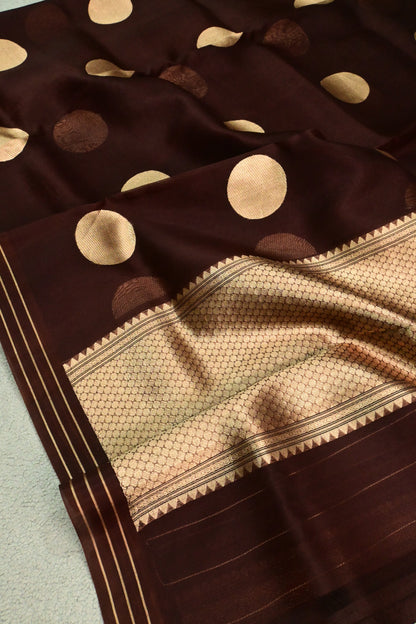 Deep Chocolate Brown Pure Kora Silk Saree with Golden Zari Polka Dots