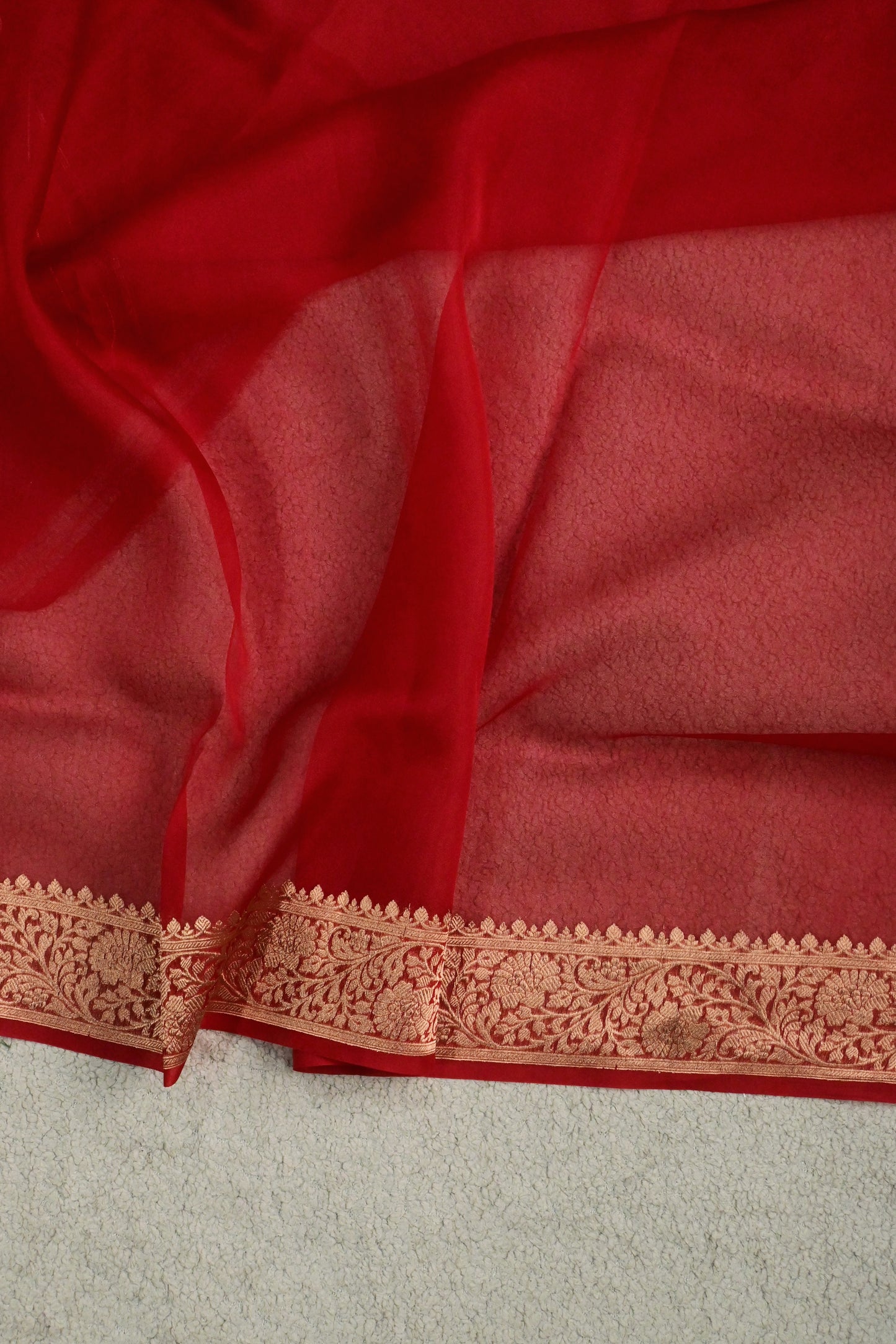Ravishing Red handwoven pure Kora organza gold zari saree