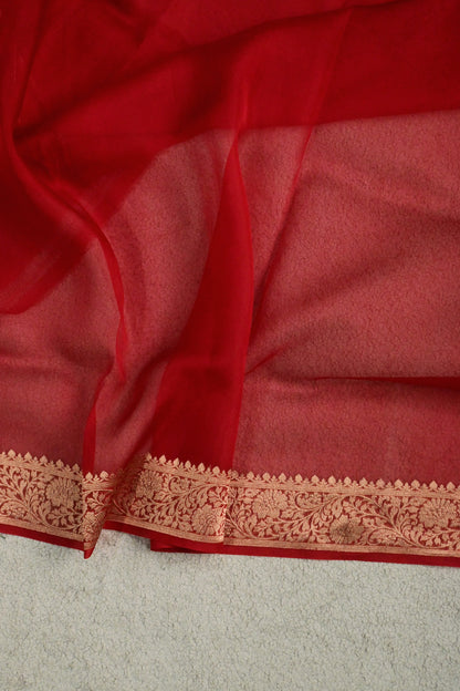 Ravishing Red handwoven pure Kora organza gold zari saree