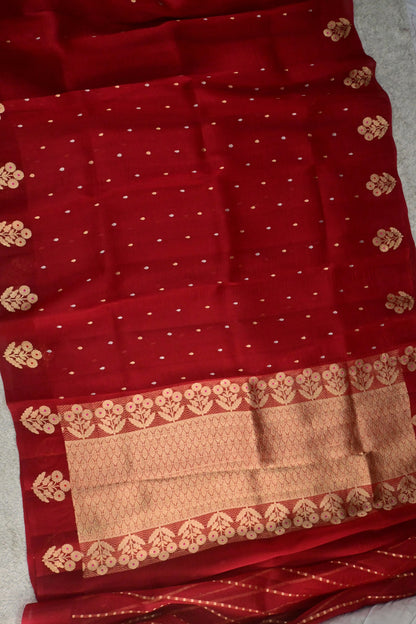 Handloom Red Pure Kora Silk Saree with Gold Zari Weave