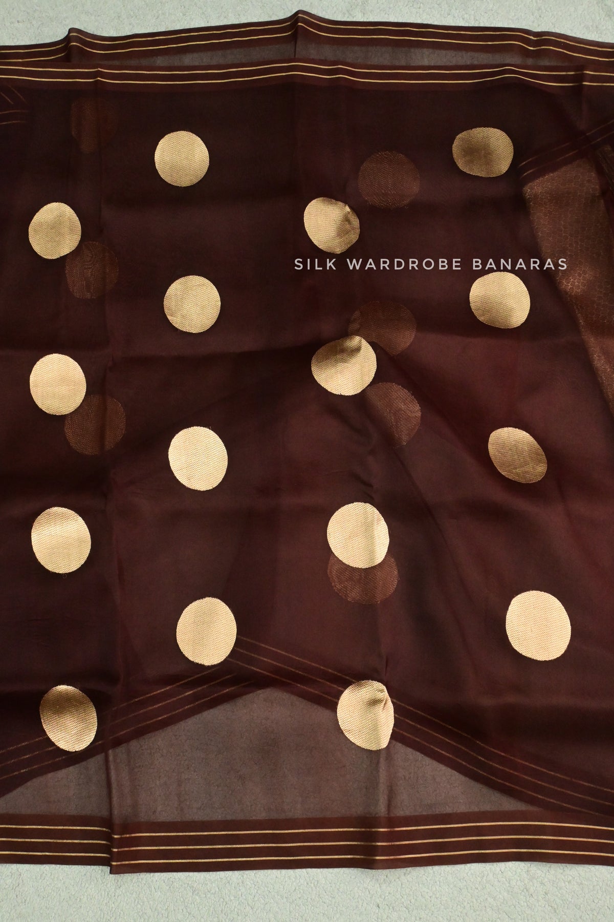 Deep Chocolate Brown Pure Kora Silk Saree with Golden Zari Polka Dots