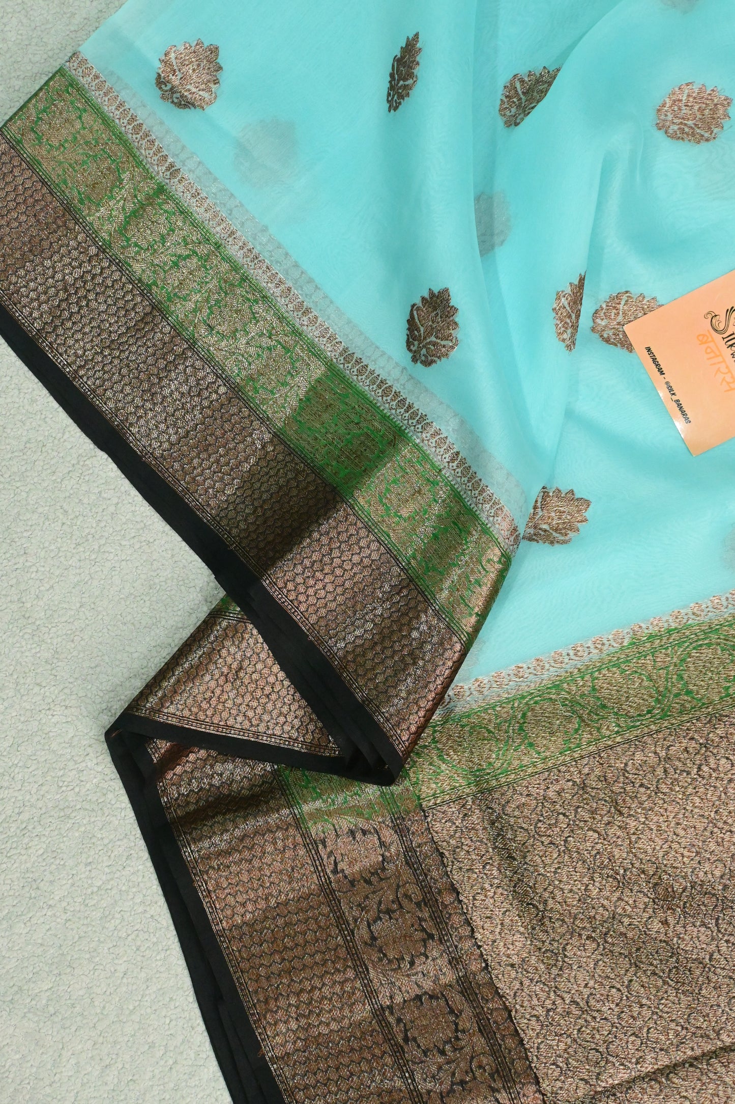 Pure Kora Silk Saree with Antique Copper Zari Weave & Contrast Border