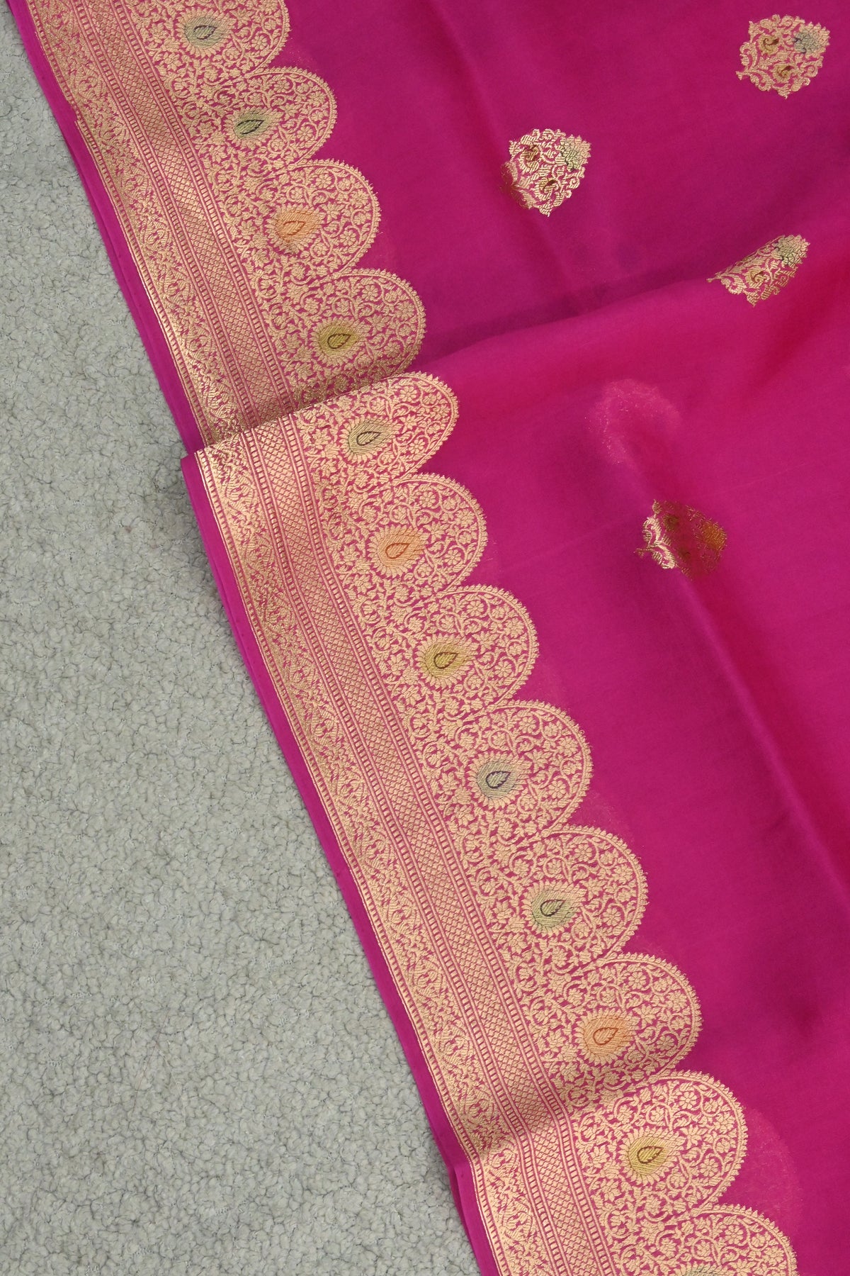 Pure Kora Silk Saree in the Pink with Gold Zari & Minakari Details