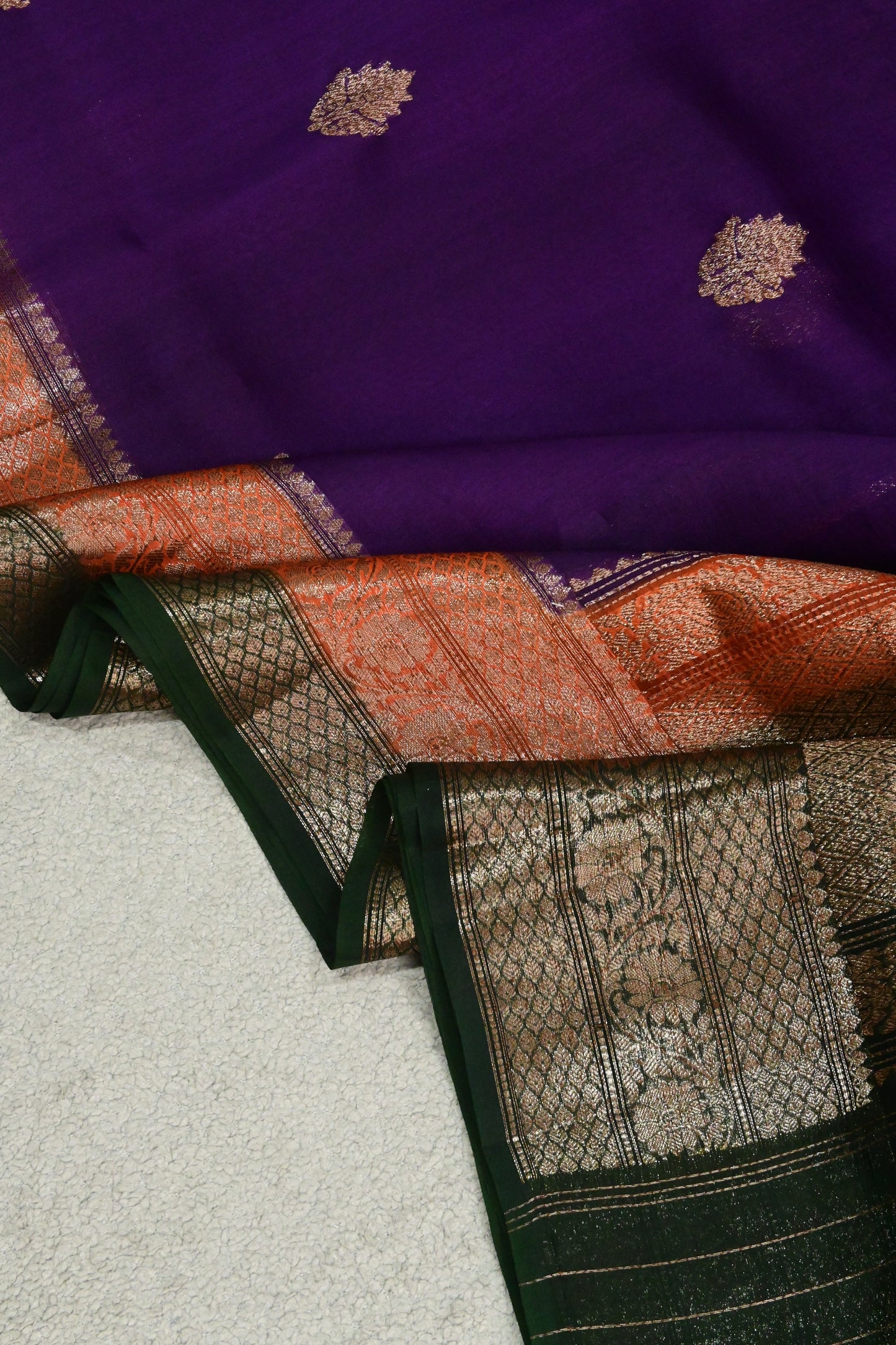 Royal Purple Pure Kora Silk Saree with Antique Zari Weave & Contrast Border