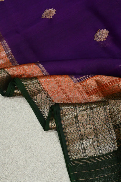 Royal Purple Pure Kora Silk Saree with Antique Zari Weave & Contrast Border