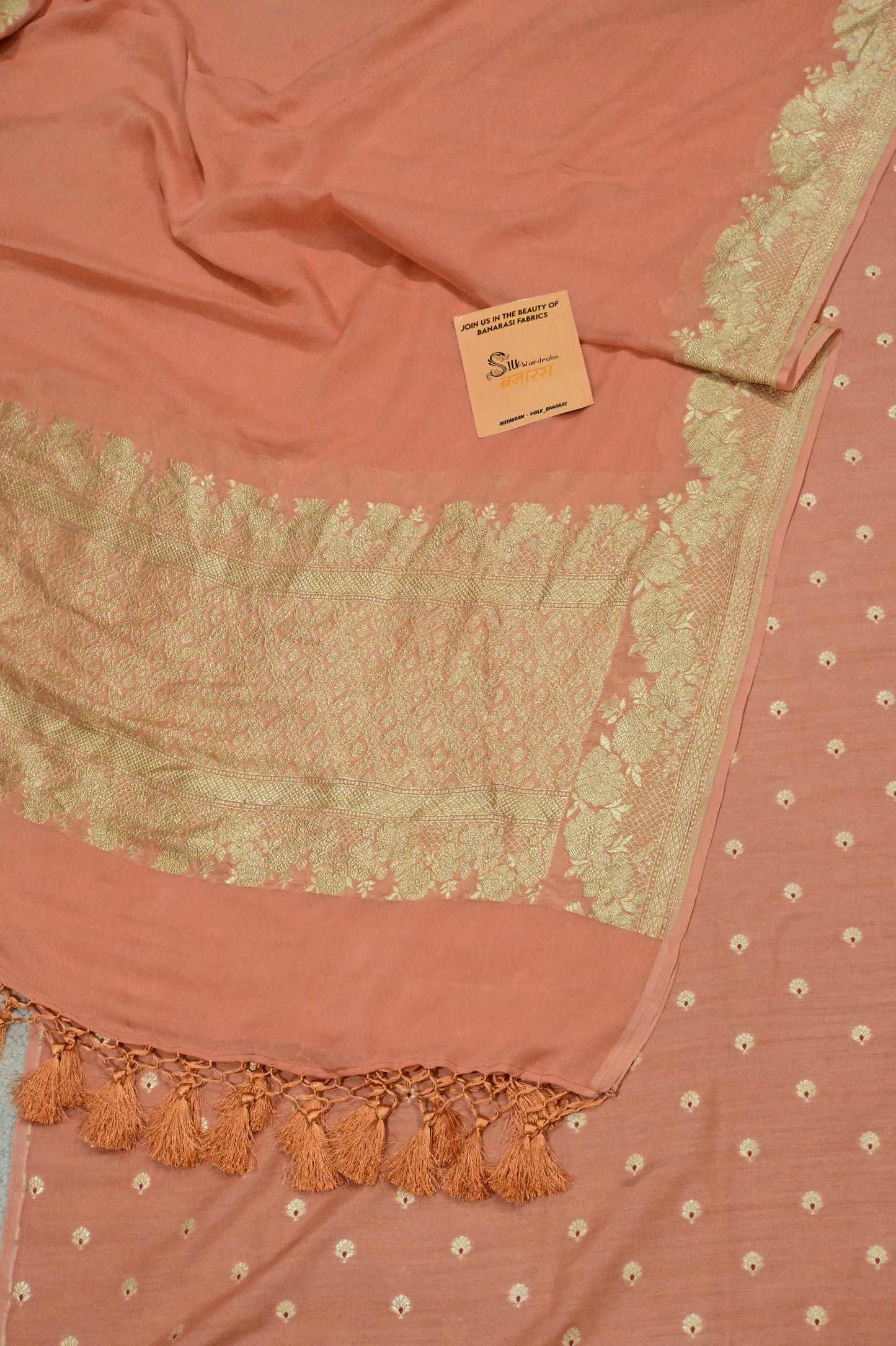 Handwoven Pure Khaddi Georgette Banarasi Unstitched Suit Set with Zari Weave – Dusty Peach