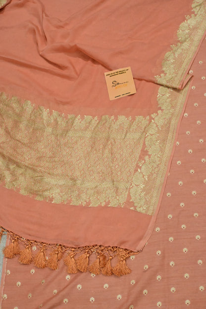 Handwoven Pure Khaddi Georgette Banarasi Unstitched Suit Set with Zari Weave – Dusty Peach