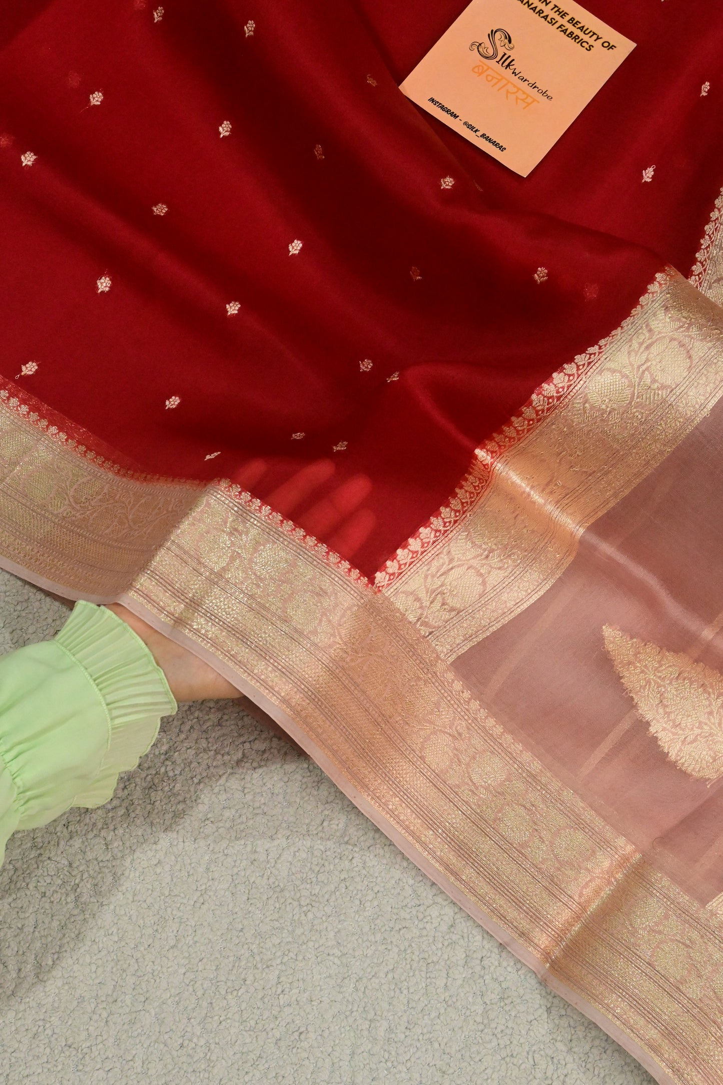Pure Kora Silk Saree in Crimson Red with Gold Zari Work