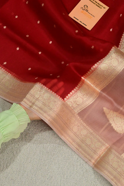 Pure Kora Silk Saree in Crimson Red with Gold Zari Work