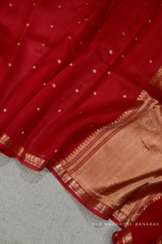 Pure Classic Red handwoven Kora organza saree