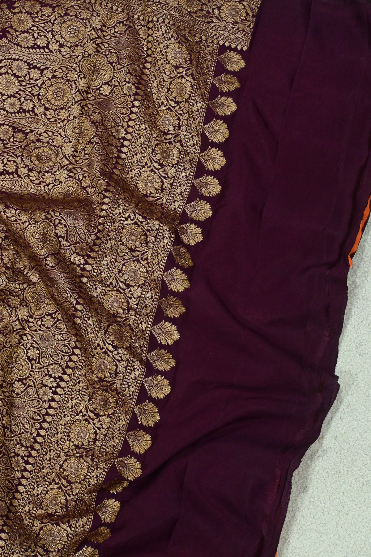 Handwoven Crepe Georgette Banarasi Saree in Tangerine Orange & Wine with Antique Zari