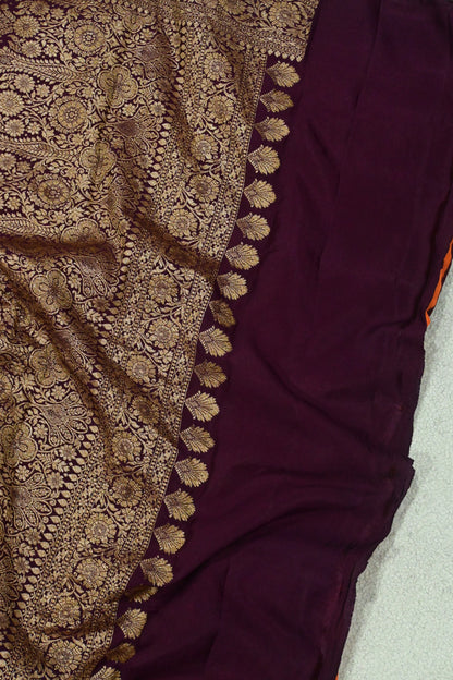 Handwoven Crepe Georgette Banarasi Saree in Tangerine Orange & Wine with Antique Zari