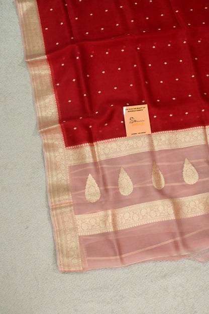 Pure Kora Silk Saree in Crimson Red with Gold Zari Work