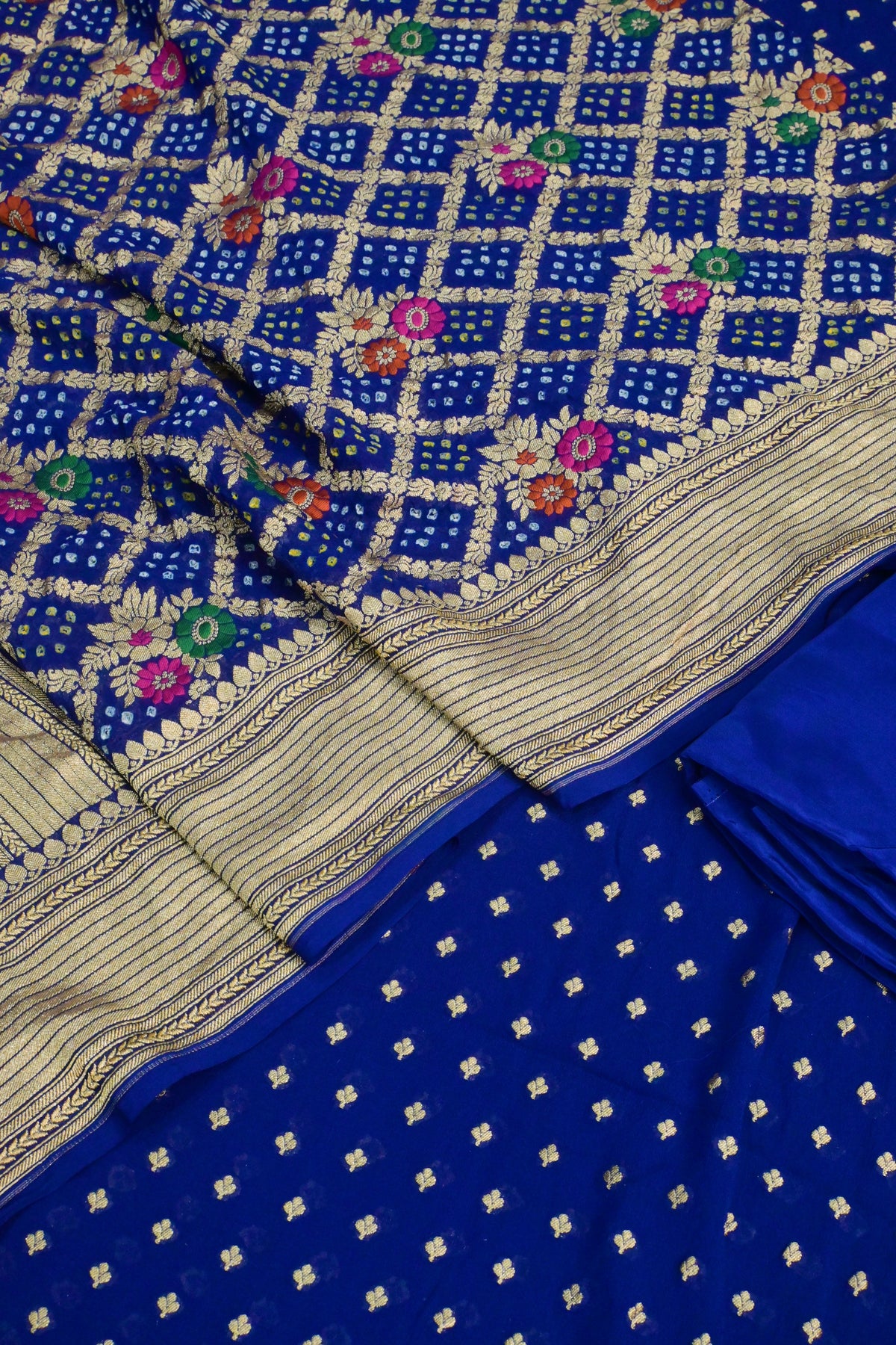 Royal Blue Handwoven Pure Khaddi Georgette Unstitched Suit Set with Bandhani & Meenakari Dupatta | Gold Zari Weaving