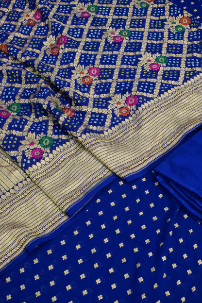 Royal Blue Handwoven Pure Khaddi Georgette Unstitched Suit Set with Bandhani & Meenakari Dupatta | Gold Zari Weaving